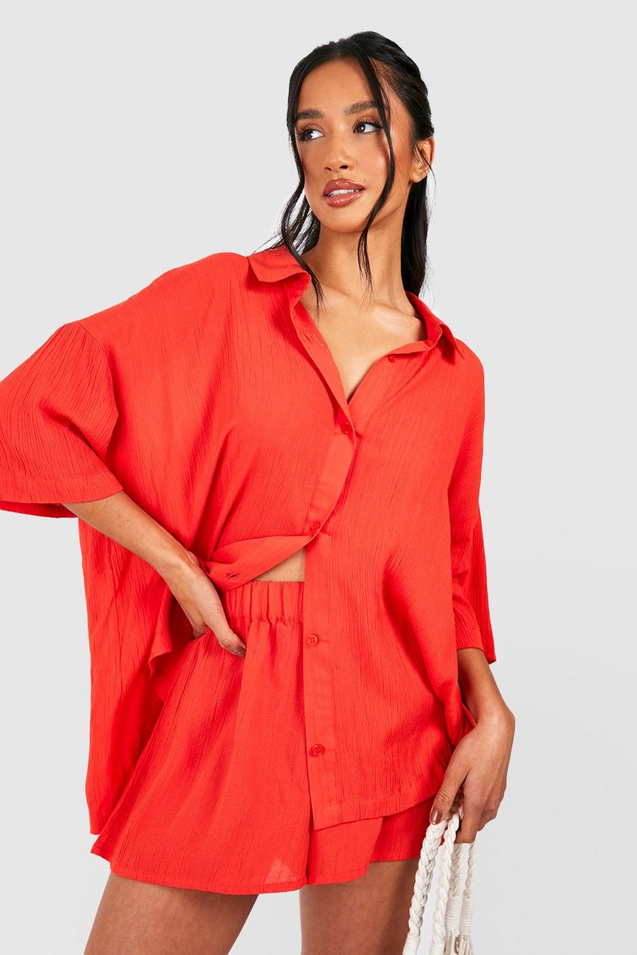 Orange Petite 3 Piece Crinkle Shirt And Short Co-ord