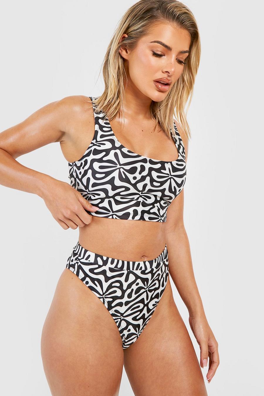 Top bikini con scollo rotondo e stampa di motivi geometrici, Black