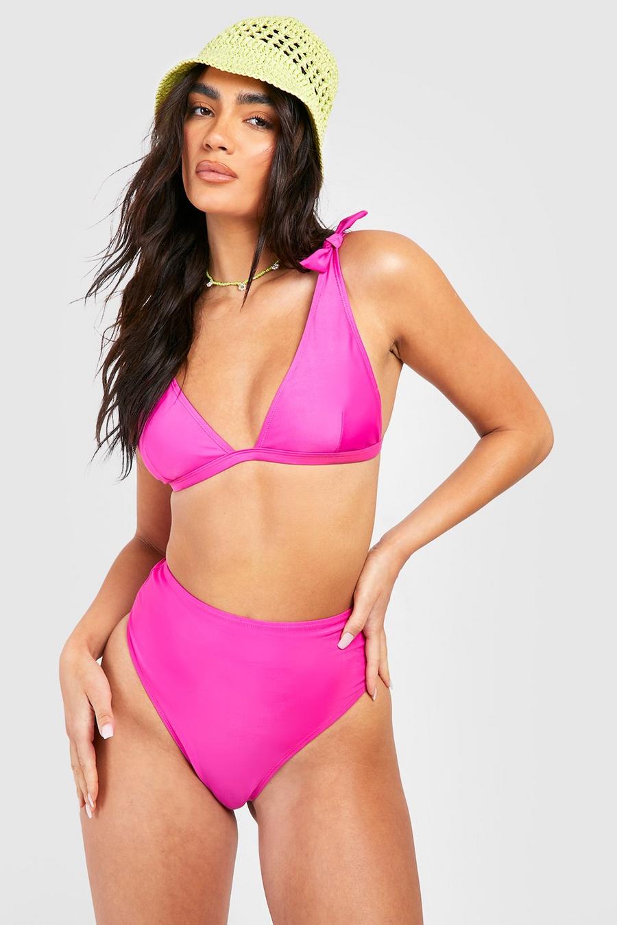 Fuchsia Tie Shoulder Plunge High Waist Bikini Set