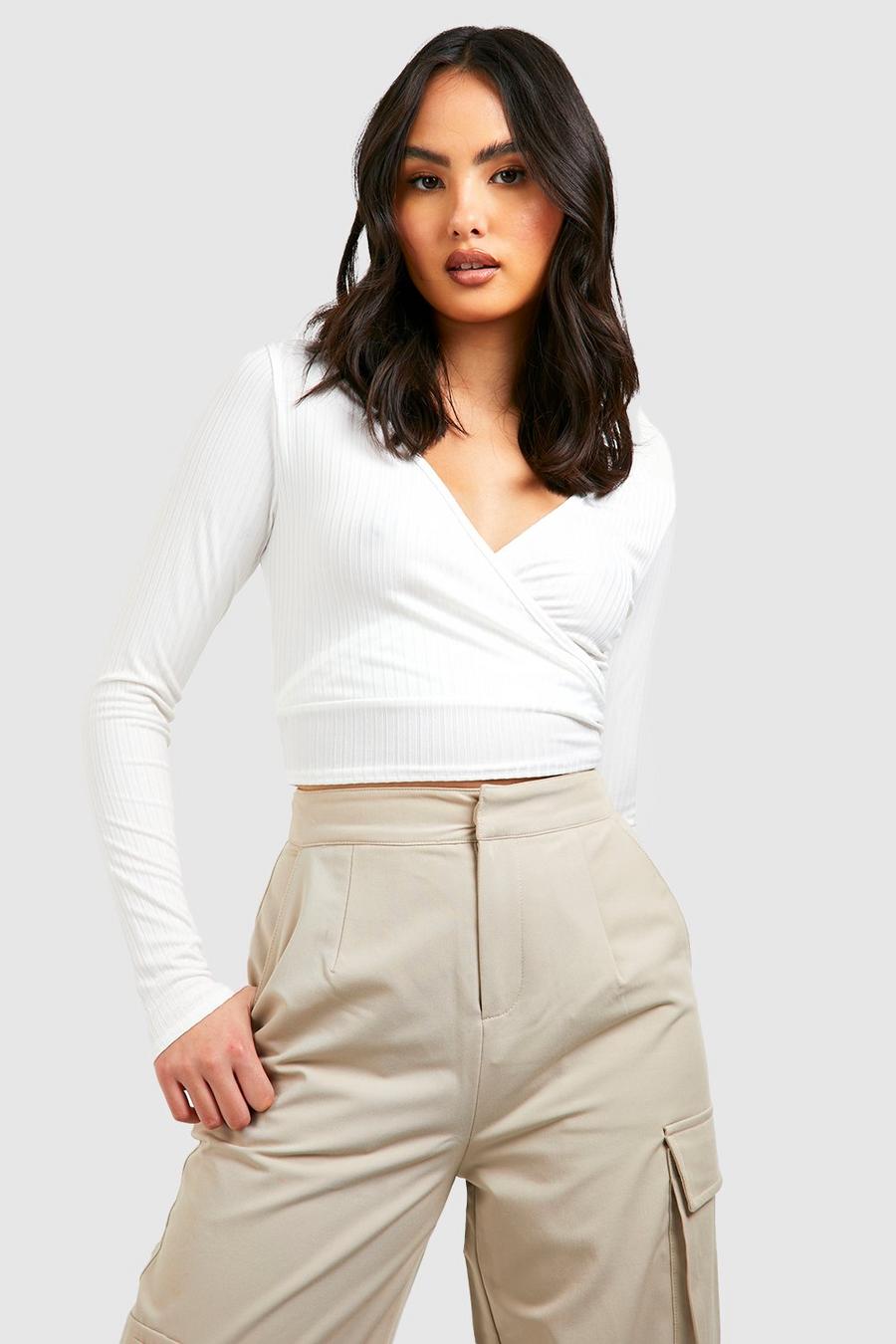 Ecru Ribbed Wrap Front Long Sleeve Cropped Top