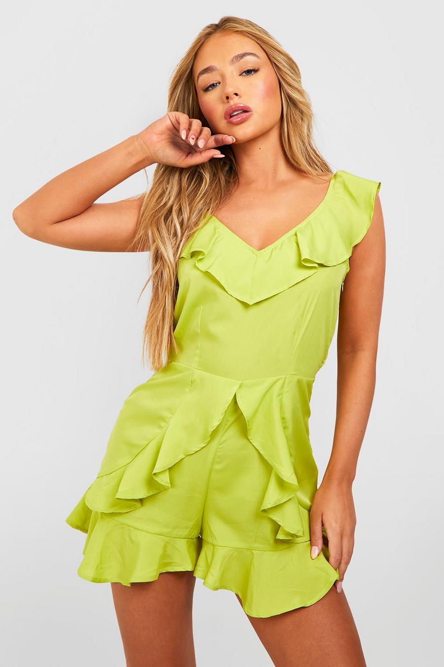 Chartreuse Plunge Neck Ruffle Romper