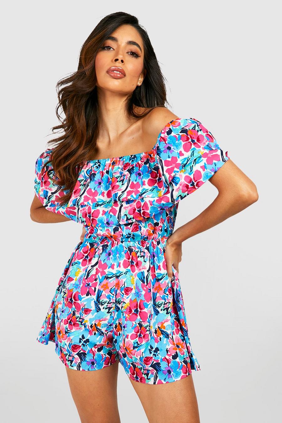 Blue Losse Bloemenprint Playsuit Met Uitgesneden Hals