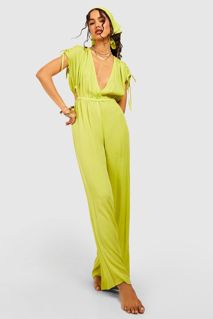 Chartreuse yellow Gathered Sleeve Wide Leg Jumpsuit