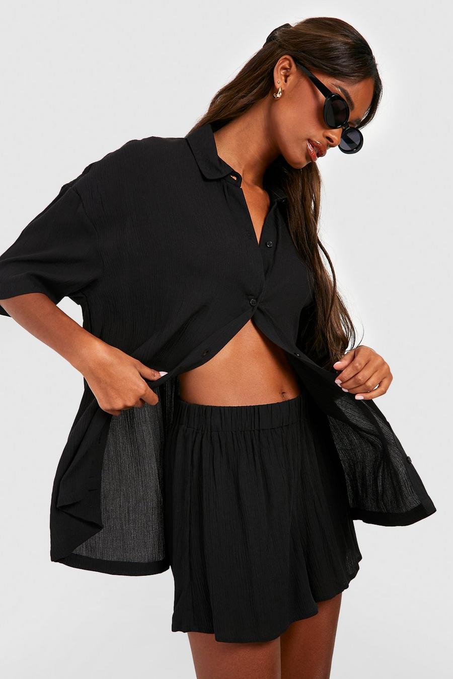 Black Crinkle Short Sleeved Shirt, Shorts & Scrunchie Set 