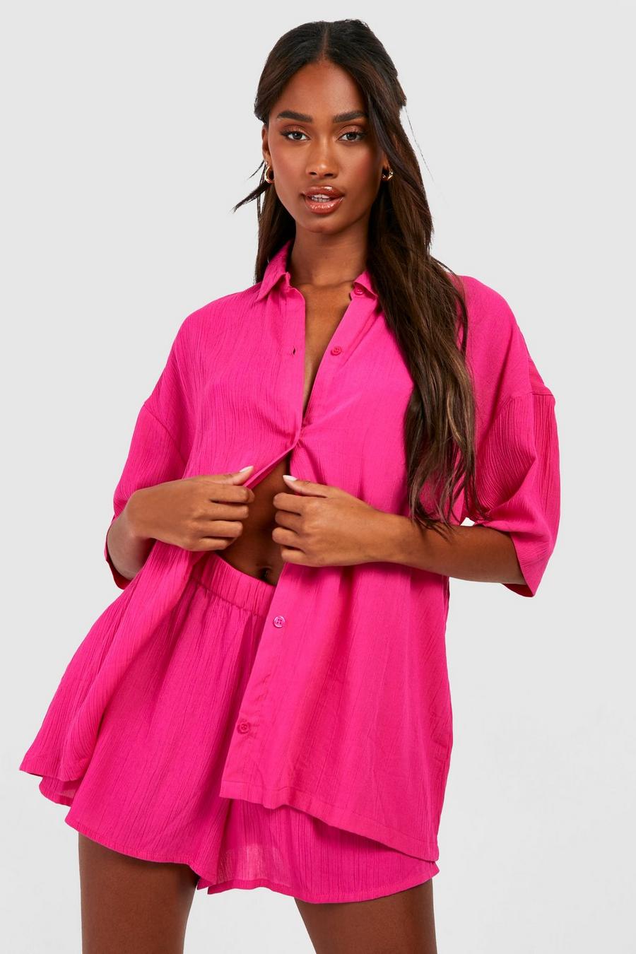 Hot pink Crinkle Short Sleeved Shirt, Shorts & Scrunchie Set 