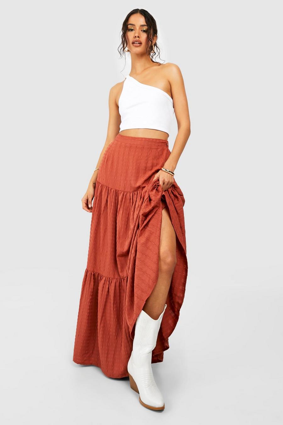 Spice Seersucker Tiered Maxi Skirt 