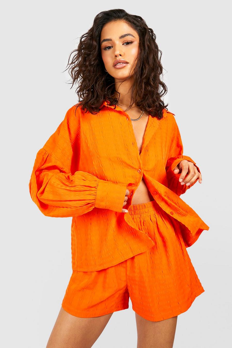 Orange Baggy Seersucker Overhemd En Shorts Set image number 1