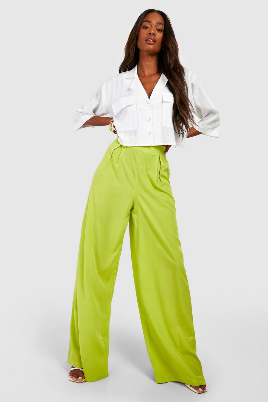 Chartreuse Pleat Front Wide Leg Palazzo Trousers 