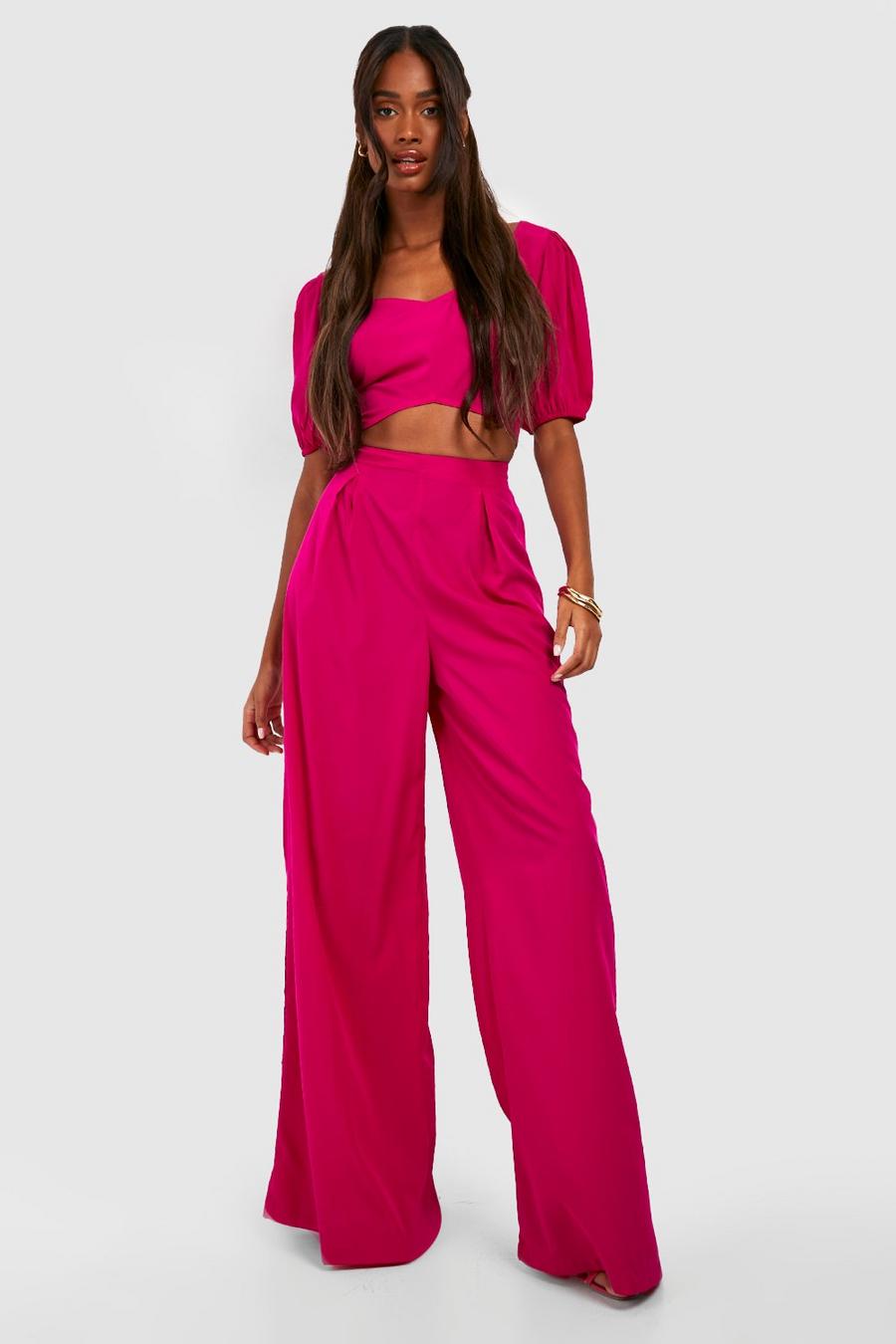 Hot pink Pleat Front Wide Leg Palazzo Trousers 