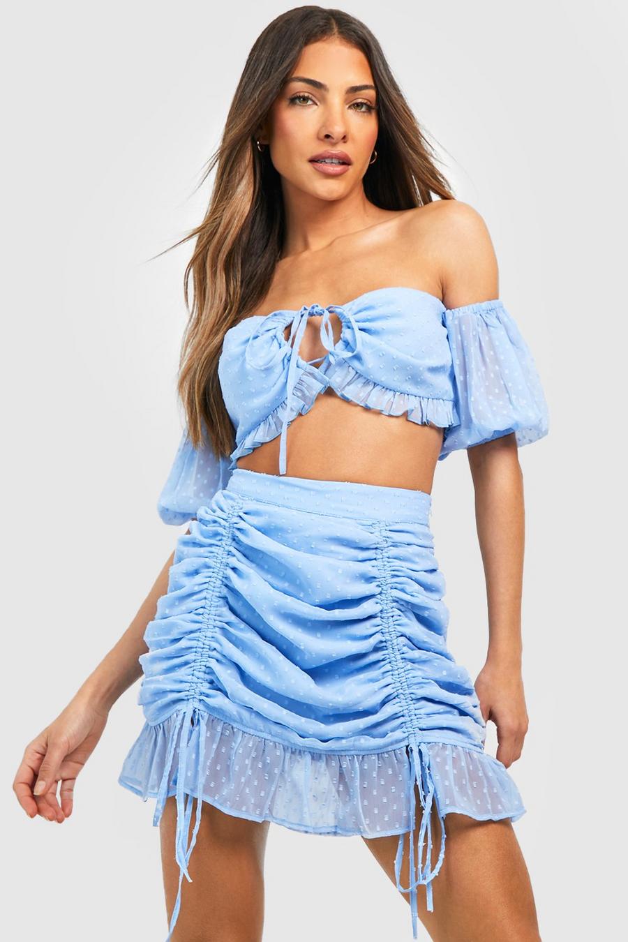 Powder blue Dobby Mesh Puff Sleeve Crop & Ruched Mini Skirt 