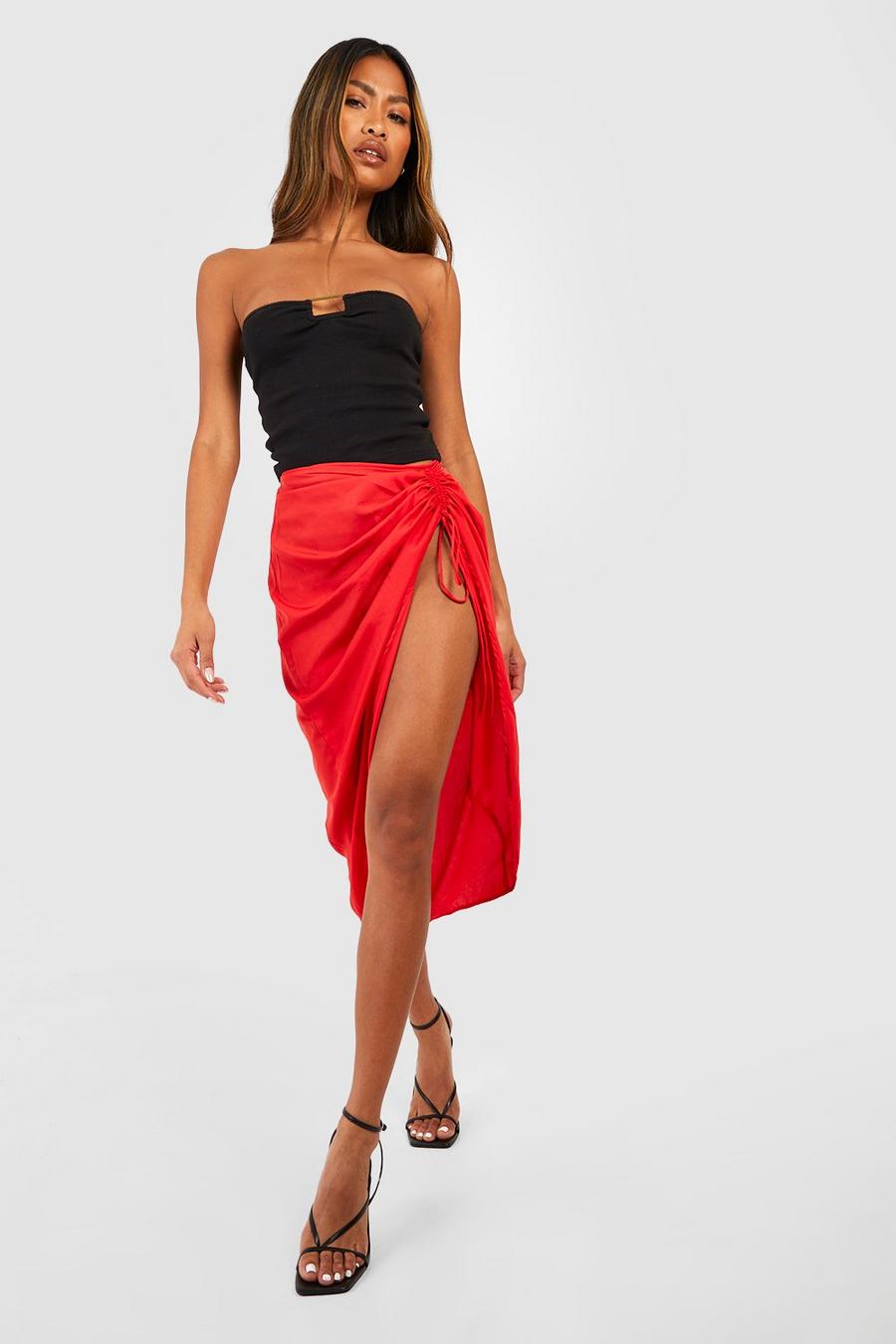 Tomato Ruched Split Side Midi Skirt