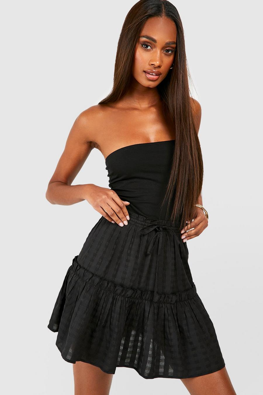Black Seersucker Tiered Mini Skirt 