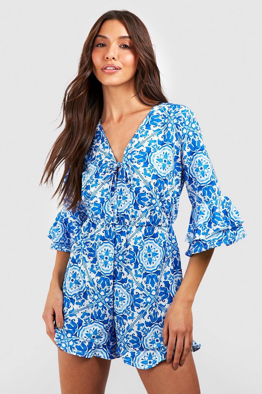 Blue Tile Print Frill Detail Playsuit