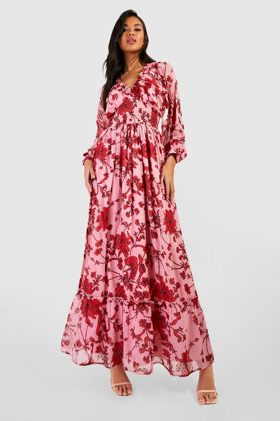 Vestido maxi de chifón con estampado de flores, Pink