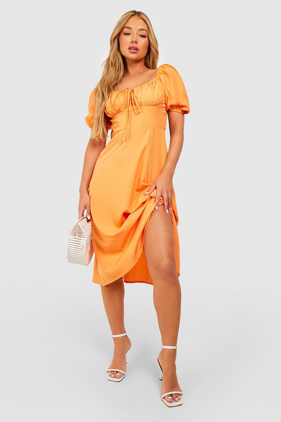Orange Puff Sleeve Midi Dress