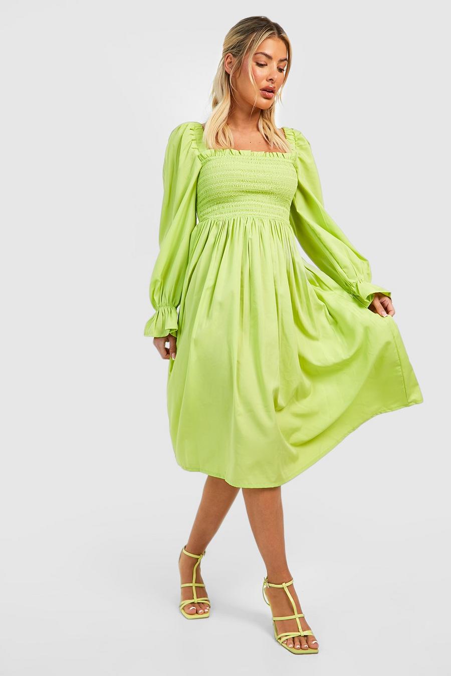 Lime Puff Sleeve Shirred Midi Dress