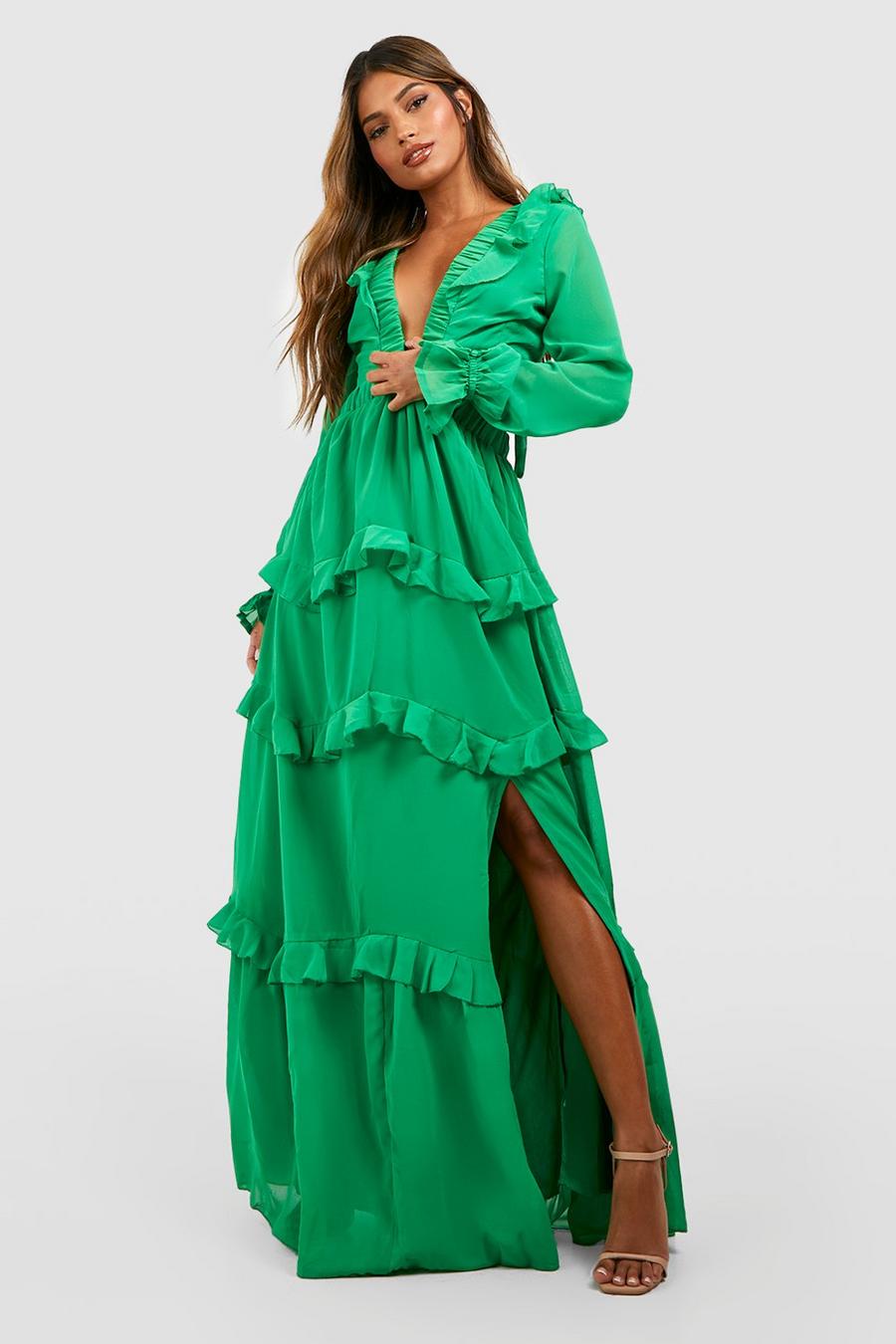 Green Frill Detail Woven Maxi Dress