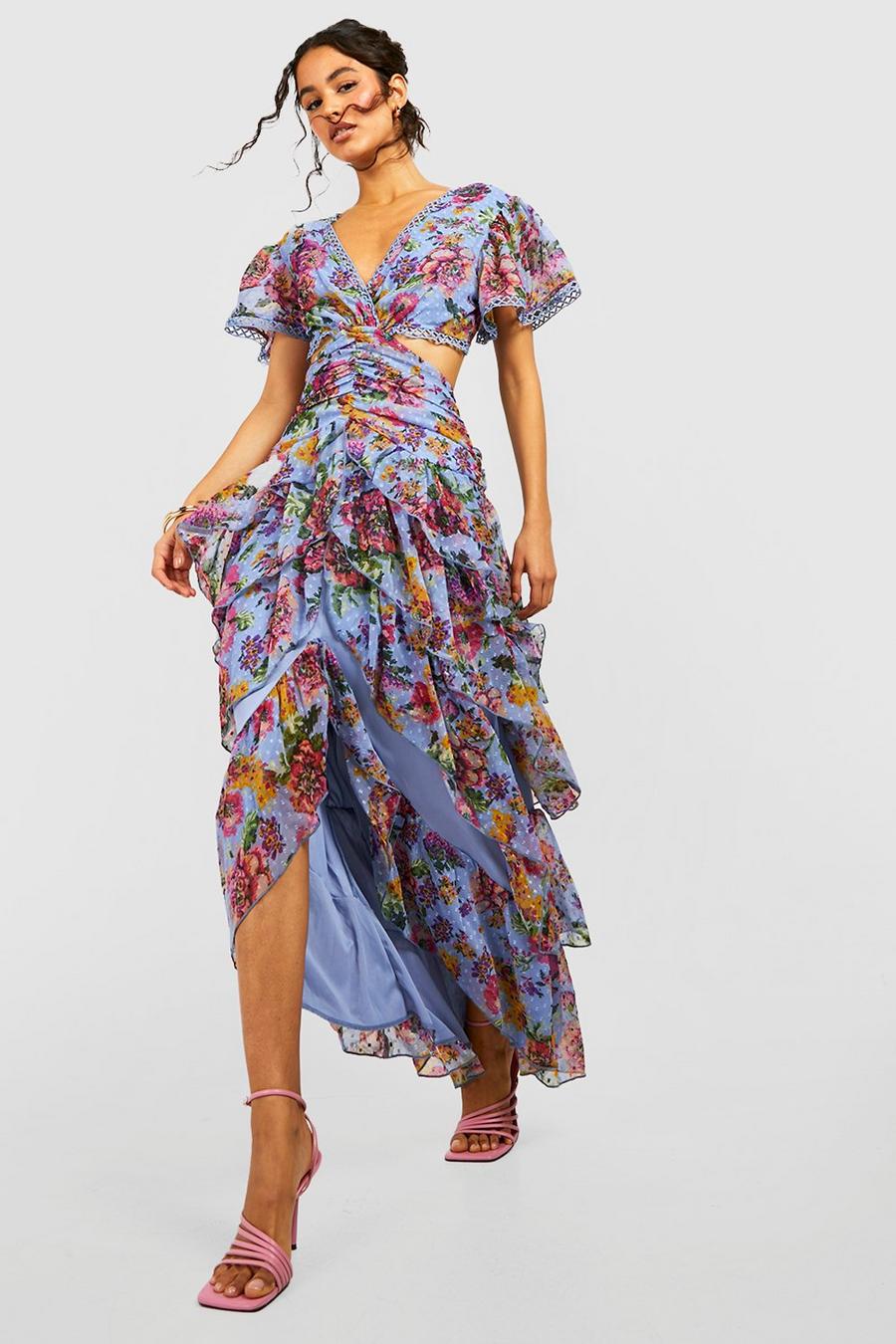 Vestito maxi in rete plumetis a fiori con arricciature e cut-out, Blue