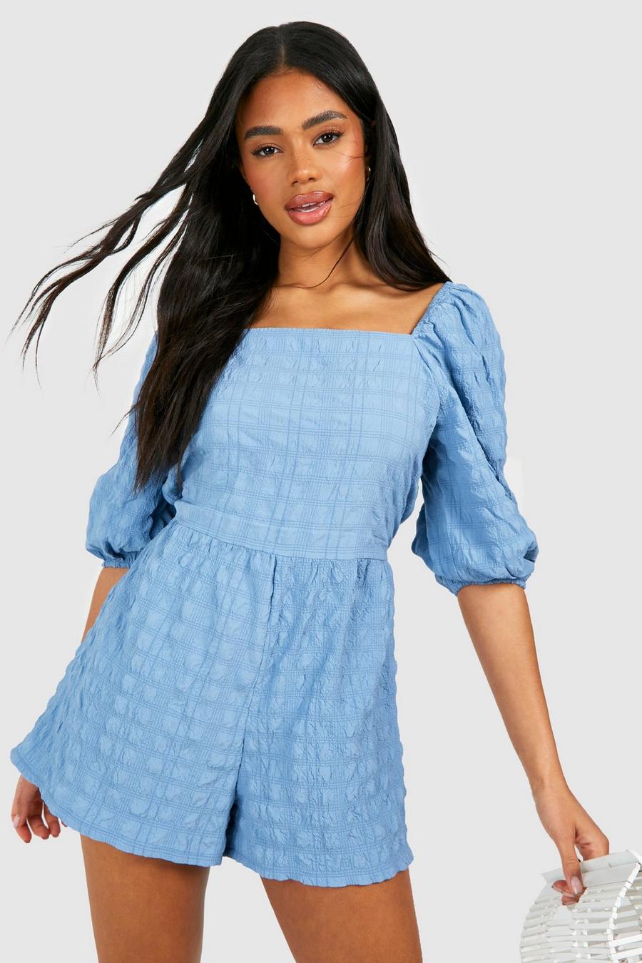 Pale blue Textured Puff Sleeve Playsuit 