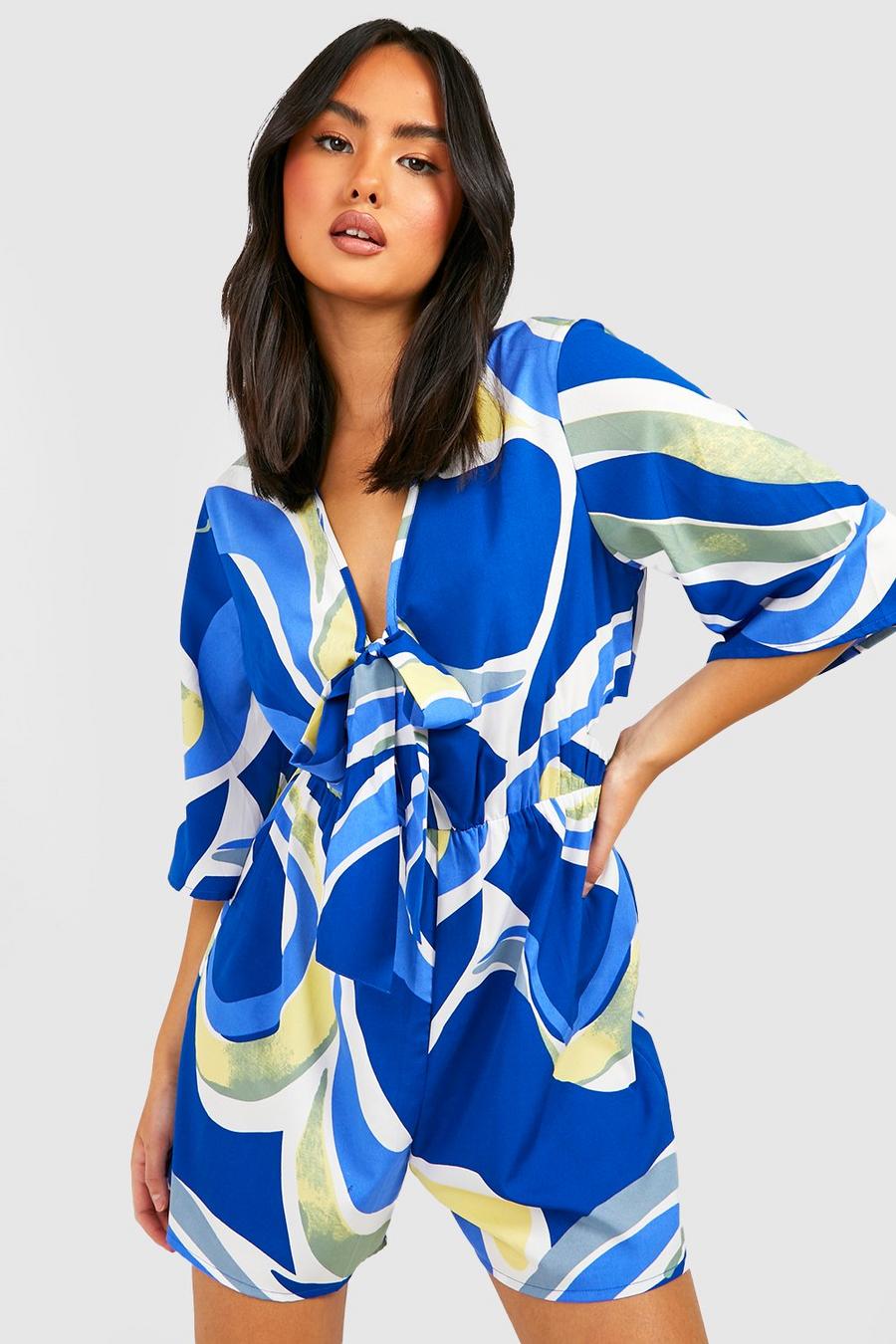 Blue Abstract Tie Front Woven Playsuit image number 1