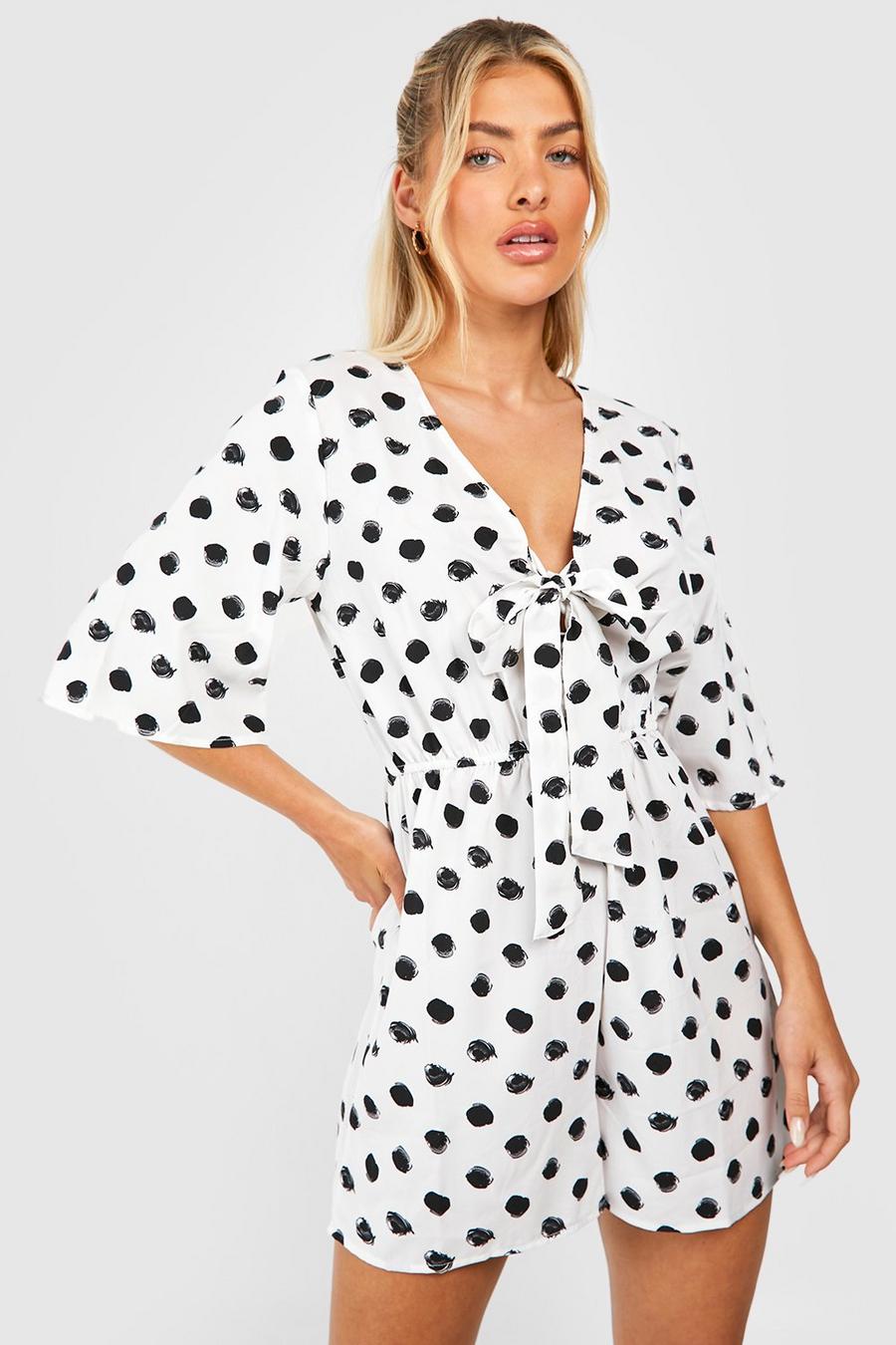 Ivory Polka Dot Tie Front Woven Playsuit image number 1