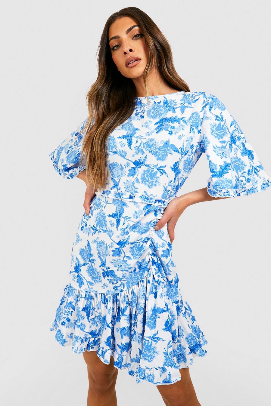 Blue Floral Angel Sleeve Ruffle Skater Dress