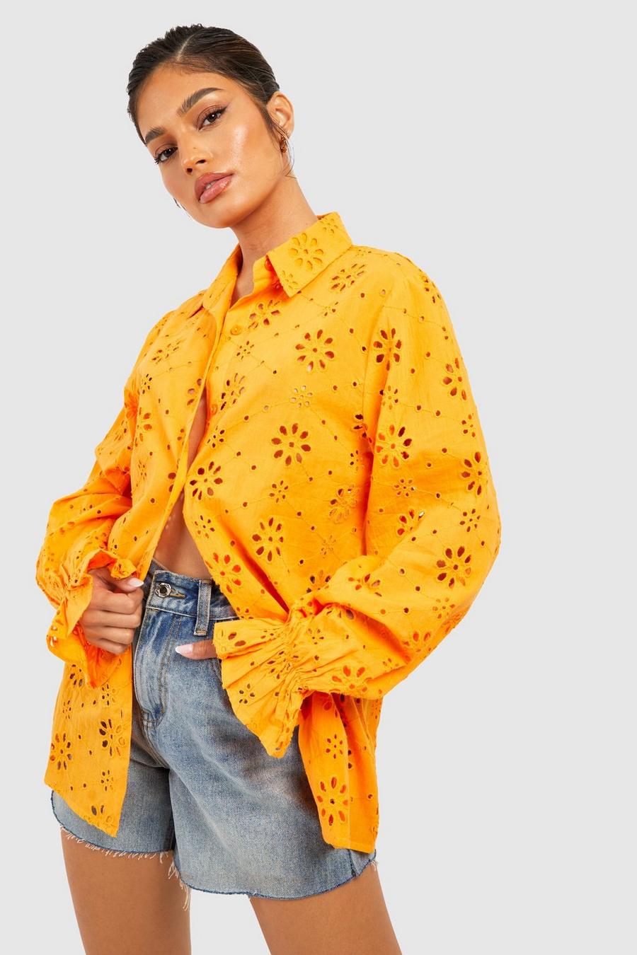 Orange Oversized Frill Cuff Eyelet Shirt
