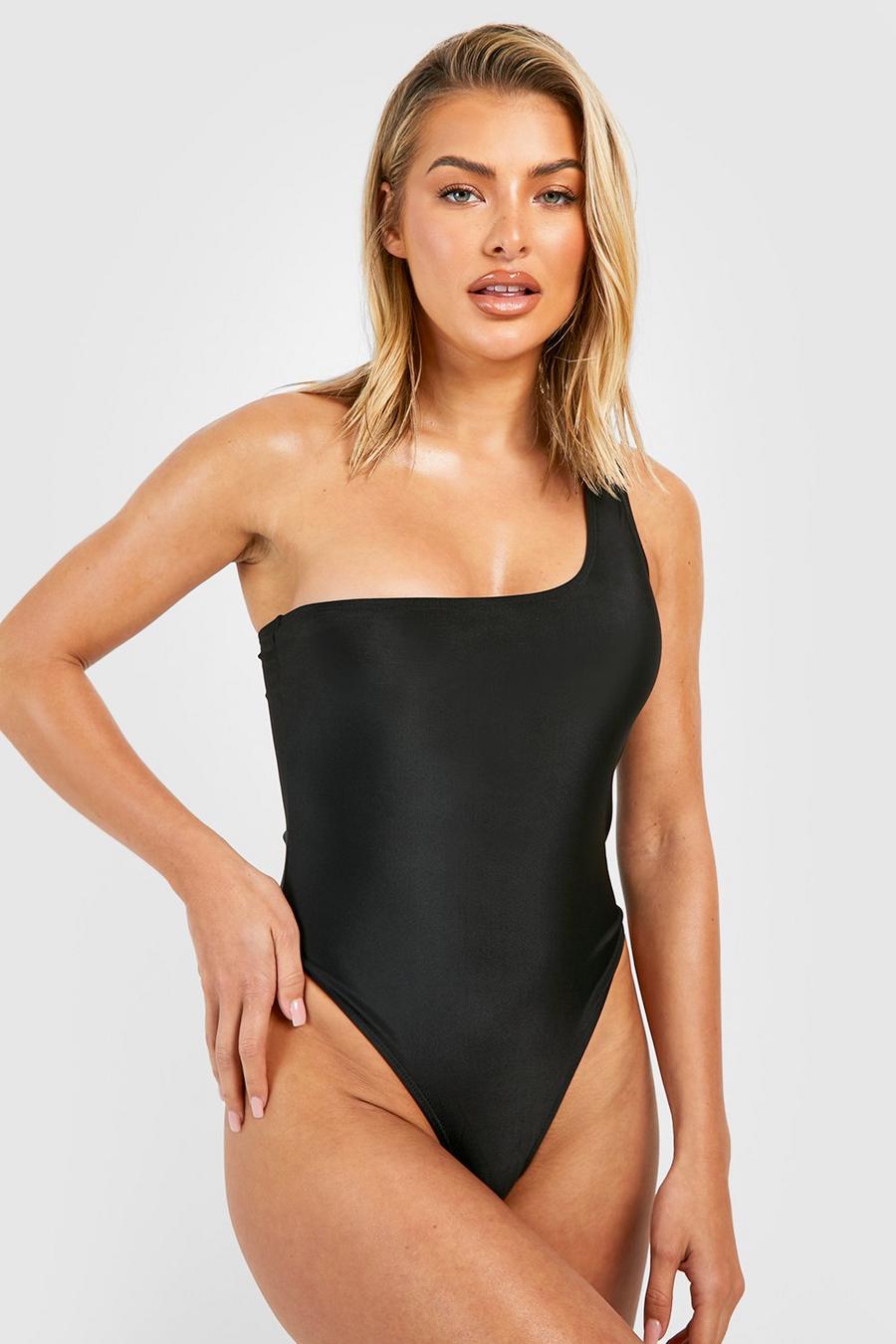Black One Shoulder Asymmetric Swimsuit image number 1