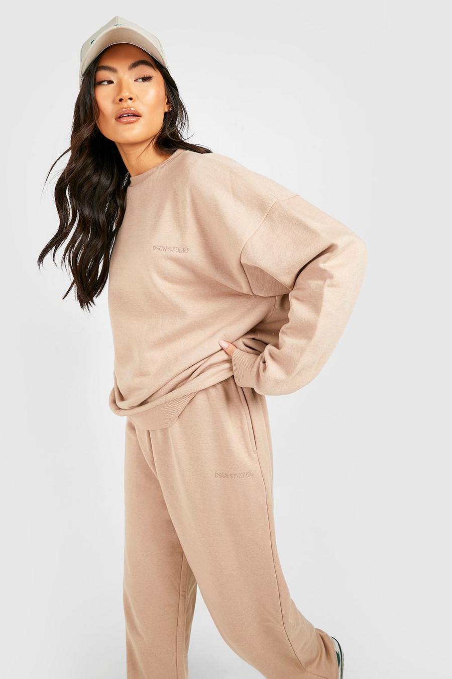Taupe Slogan Embroidered Oversized Sweater Tracksuit