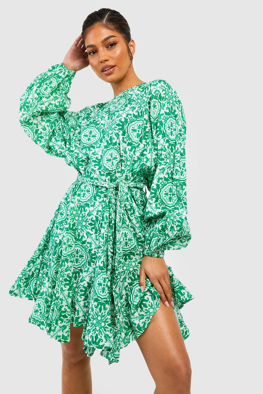 Green Cotton Printed Godet Detail Belted Skater Dress
