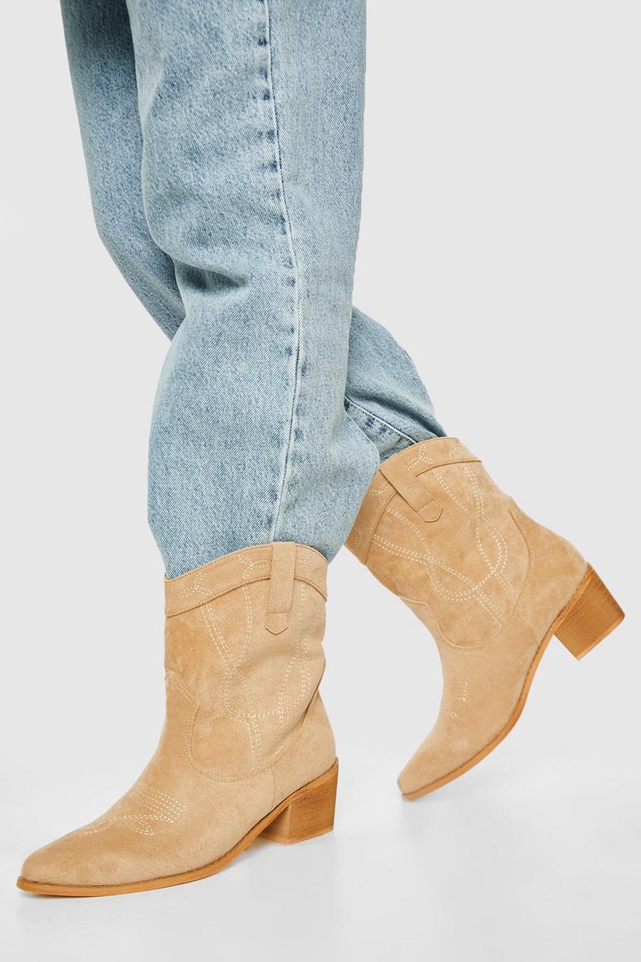 Tan Wide Fit Stitch Detail Ankle Western Cowboy Boots