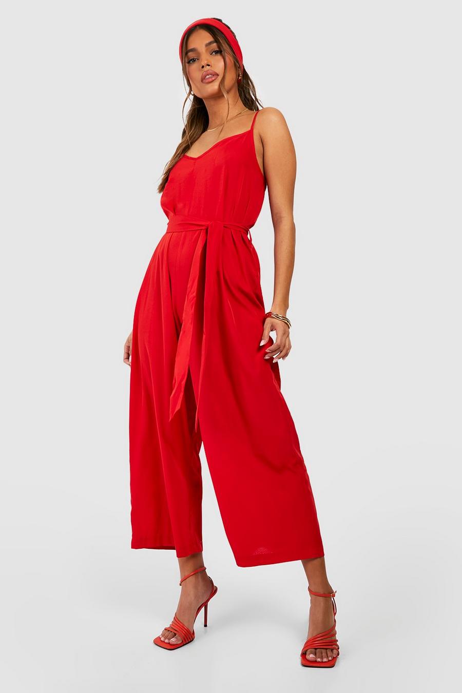 Red Woven Strappy Culotte Jumpsuit image number 1