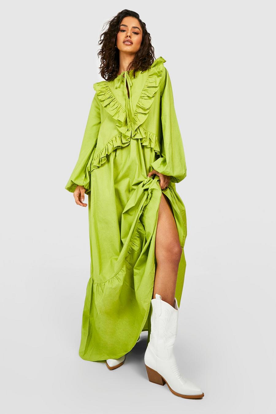Robe longue en coton à volants, Chartreuse