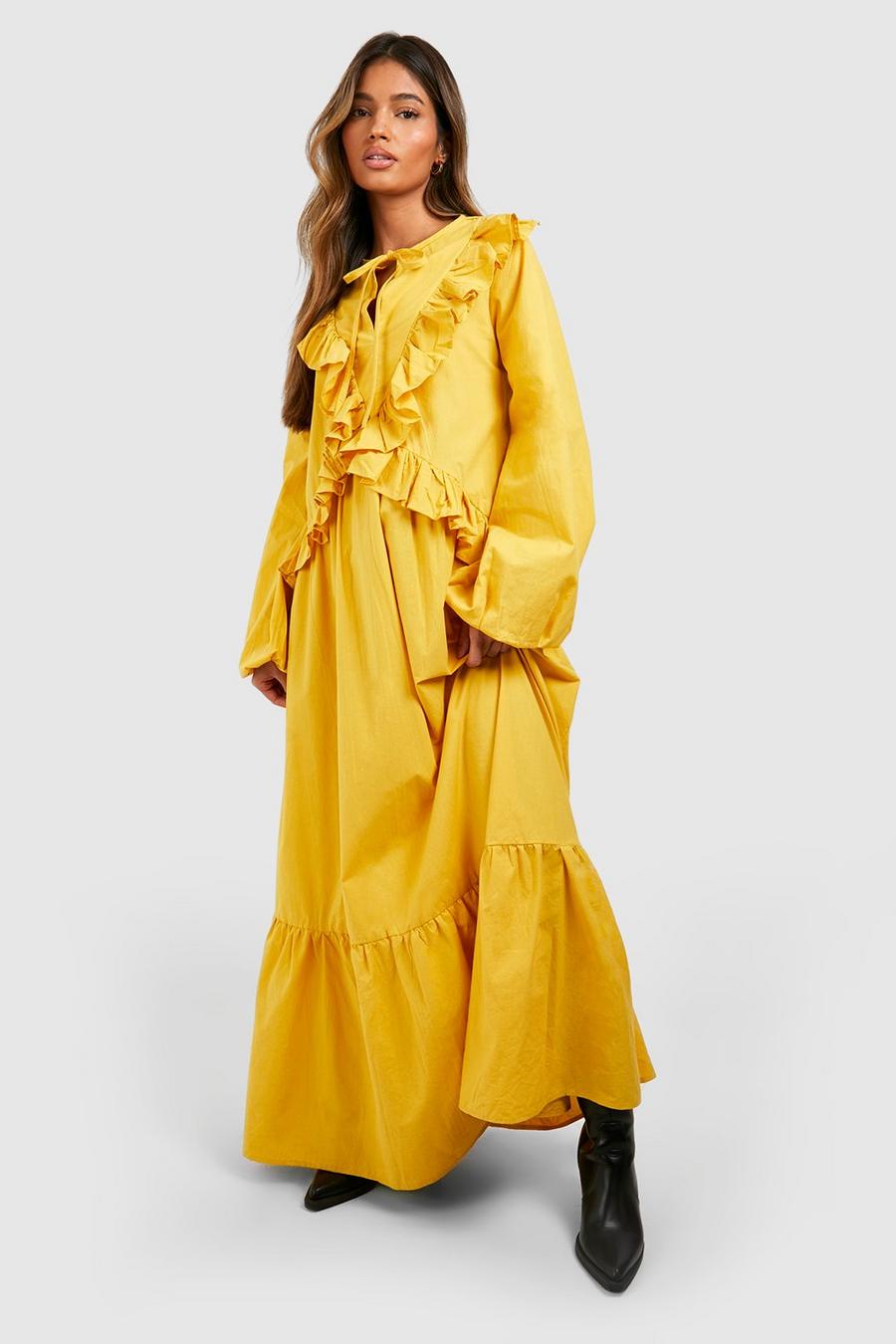 Vestito maxi in cotone con arricciature, Mustard