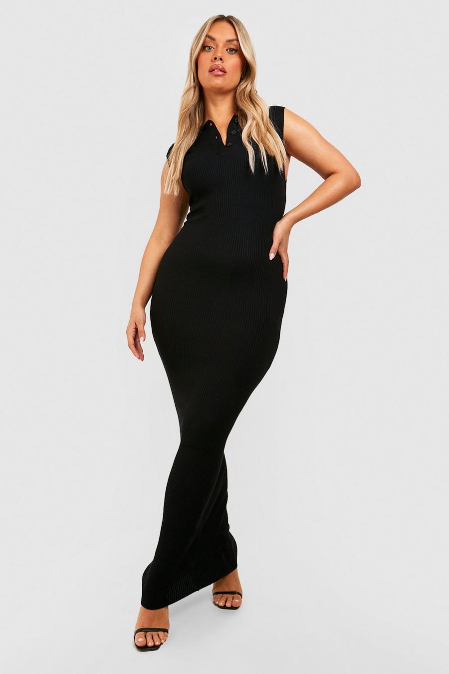 Black Plus Collared Button Front Sleeve Rib Knit Maxi Dress 