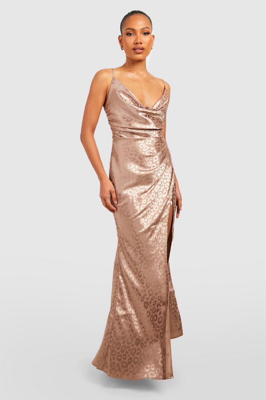 Champagne Satin Cowl Neck Ruched Maxi Dress