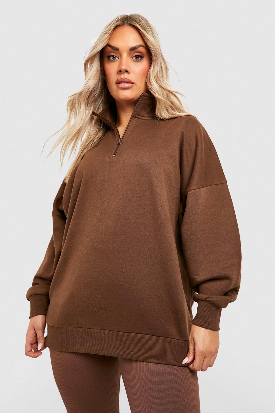 Plus Oversize Sweatshirt mit halbem Reißverschluss, Chocolate