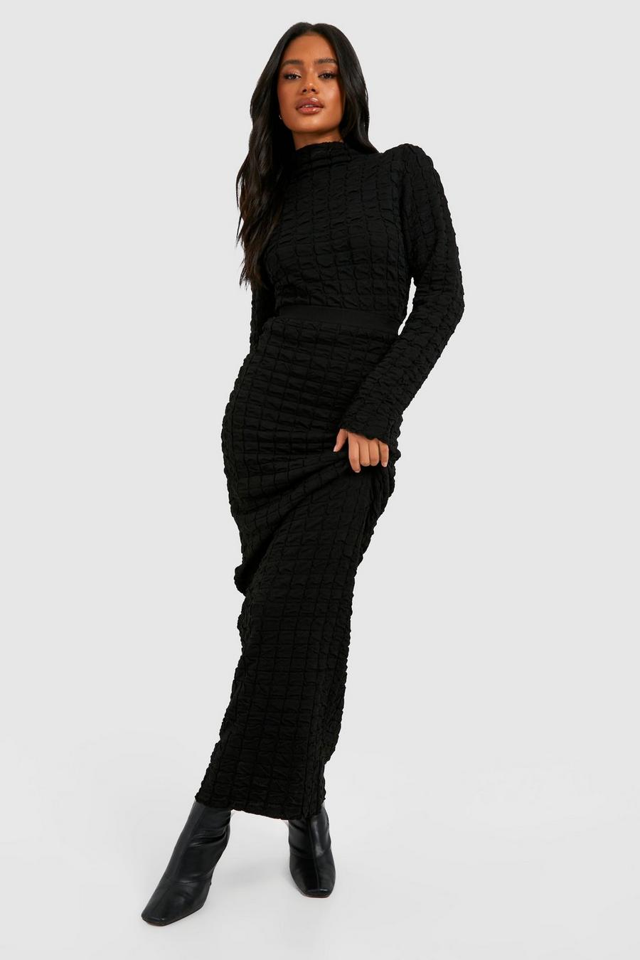 Black Premium Textured Waffle Knitted Top And Maxi Skirt Co-ord image number 1