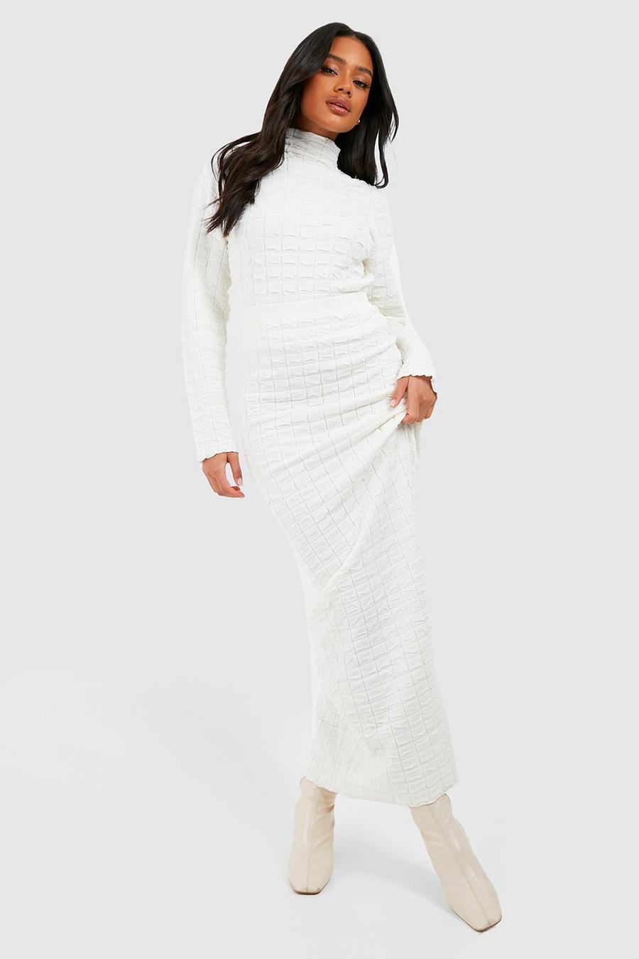 White Premium Textured Waffle Knitted Top And Maxi Skirt Two-Piece