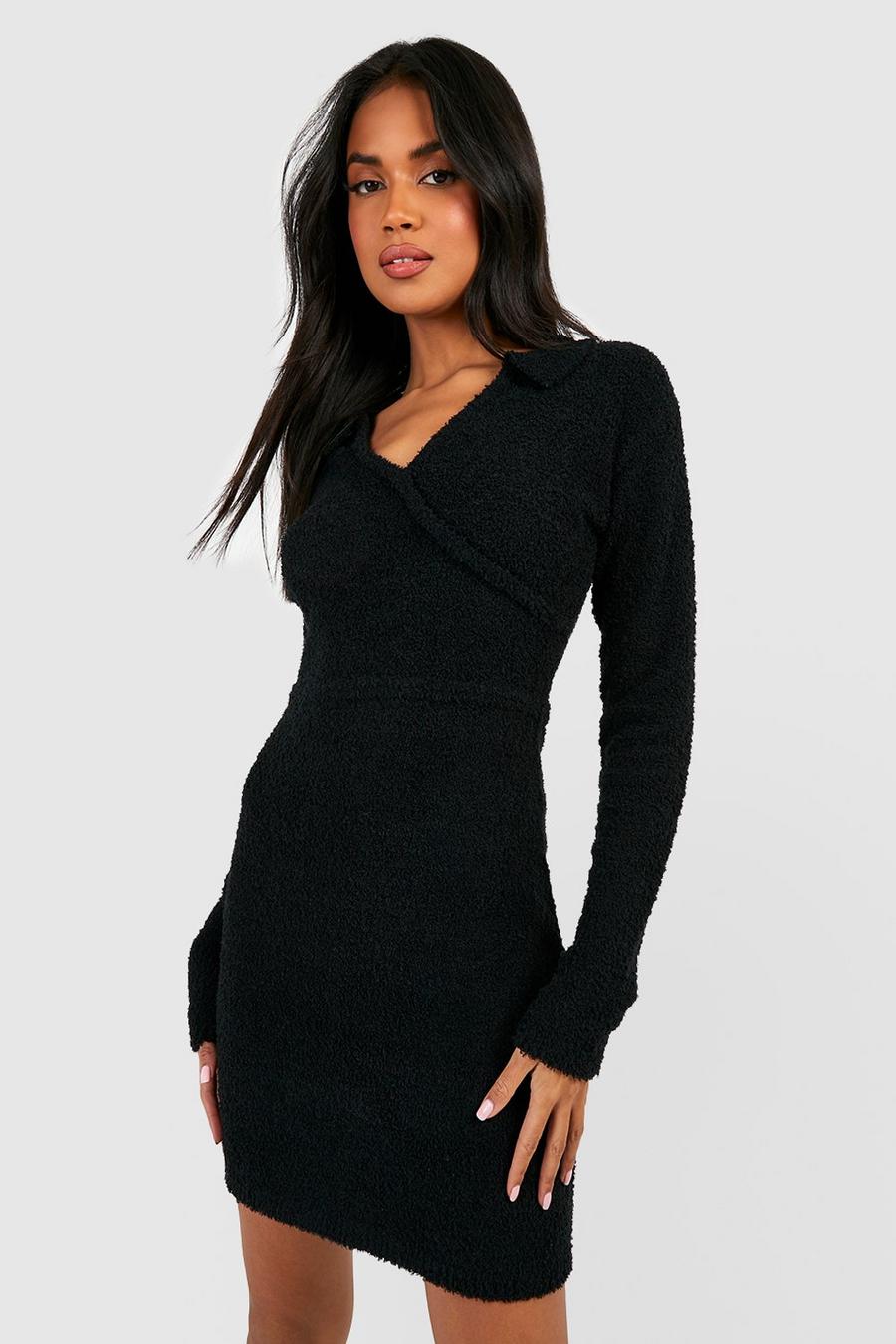 Black Premium Textured Knit Wrap Collared Mini Dress