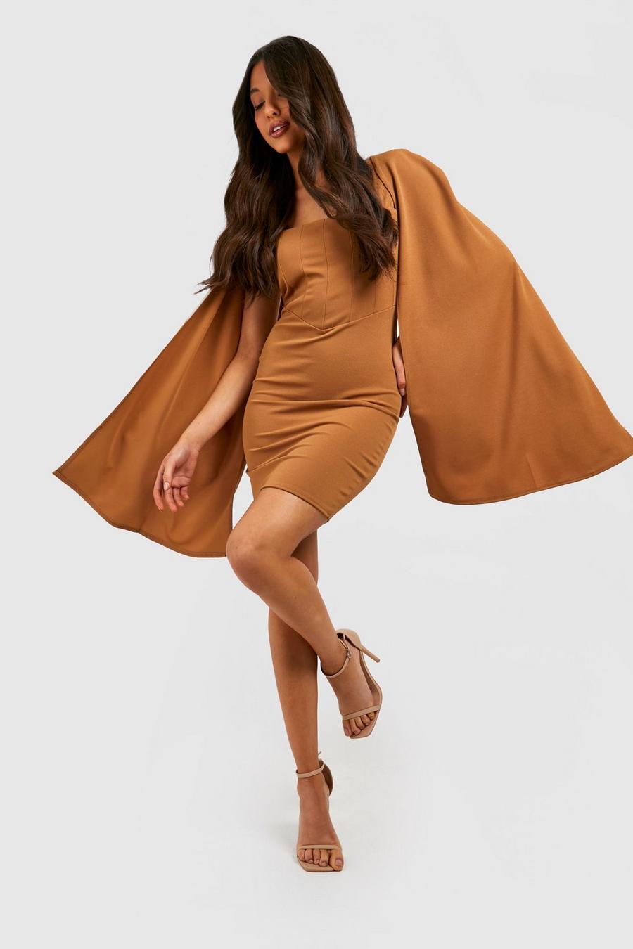 Camel Tailored Corset Detail Cape Mini Dress