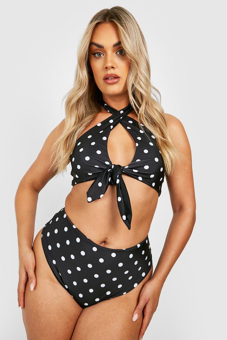 Top bikini Plus Size reversibile a pois con laccetti frontali, Black