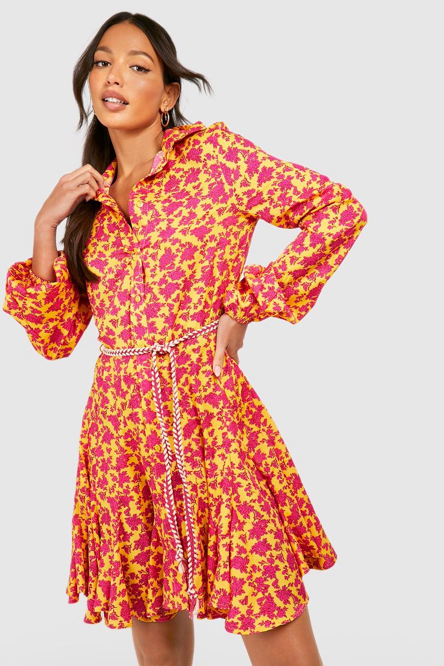 Mustard Tall Floral Rope Tie Pleated Shirt Dress