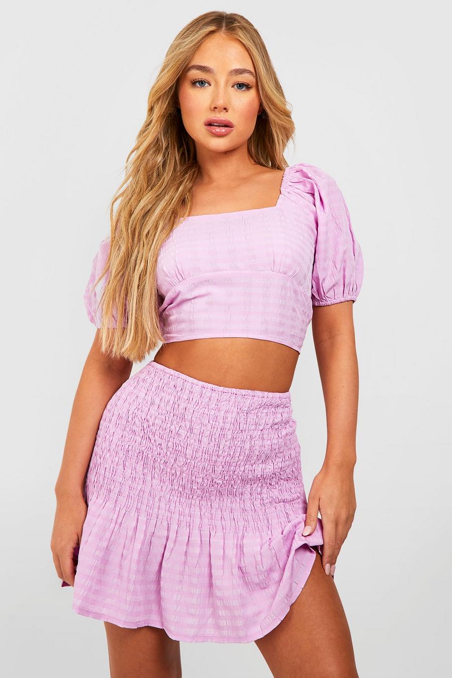 Lilac Seersucker Puff Sleeve Crop & Shirred Mini Skirt