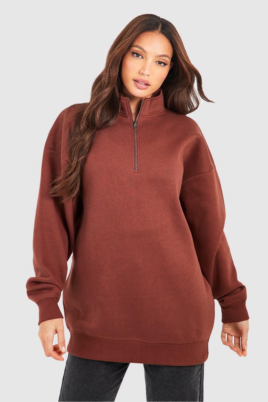 Tall Oversize Basic Sweatshirt mit halbem Reißverschluss, Chocolate
