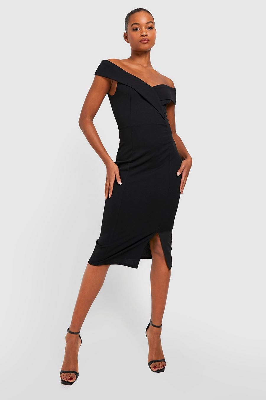 Black Tall Off The Shoulder Side Split Midi Dress