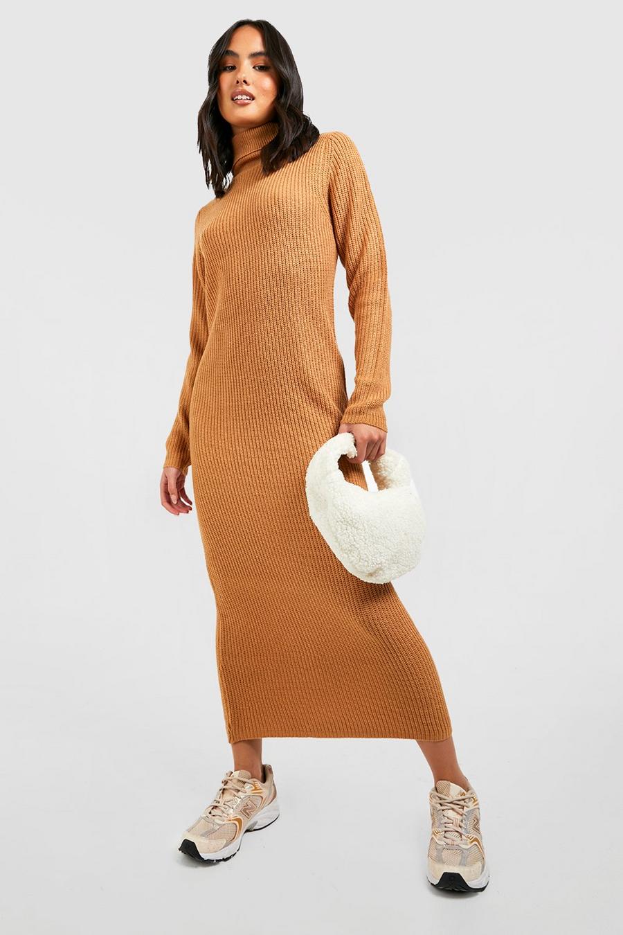 Camel Basic Turtleneck Midi Knitted Dress