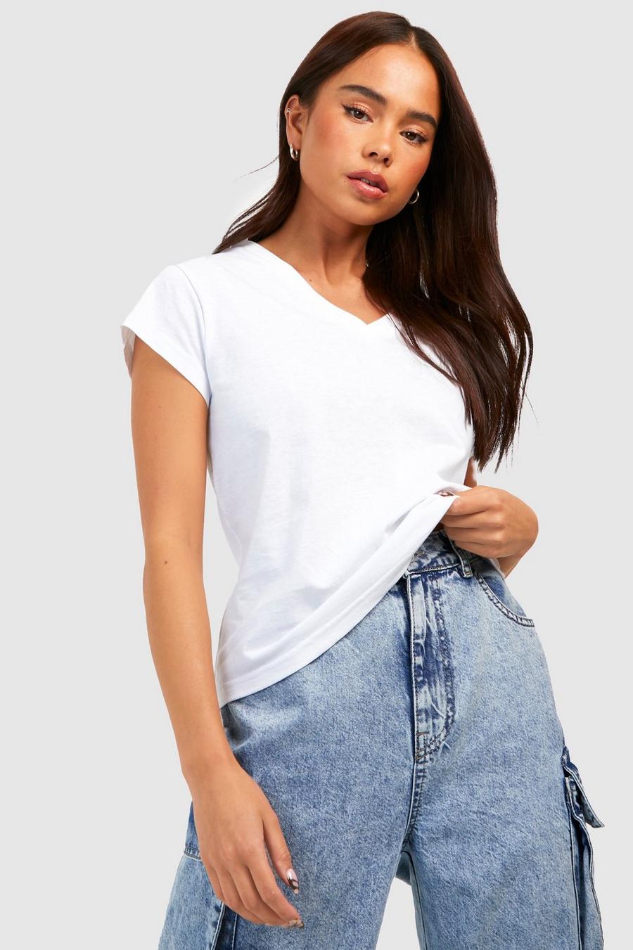 Petite - T-shirt basique en coton à col V, White