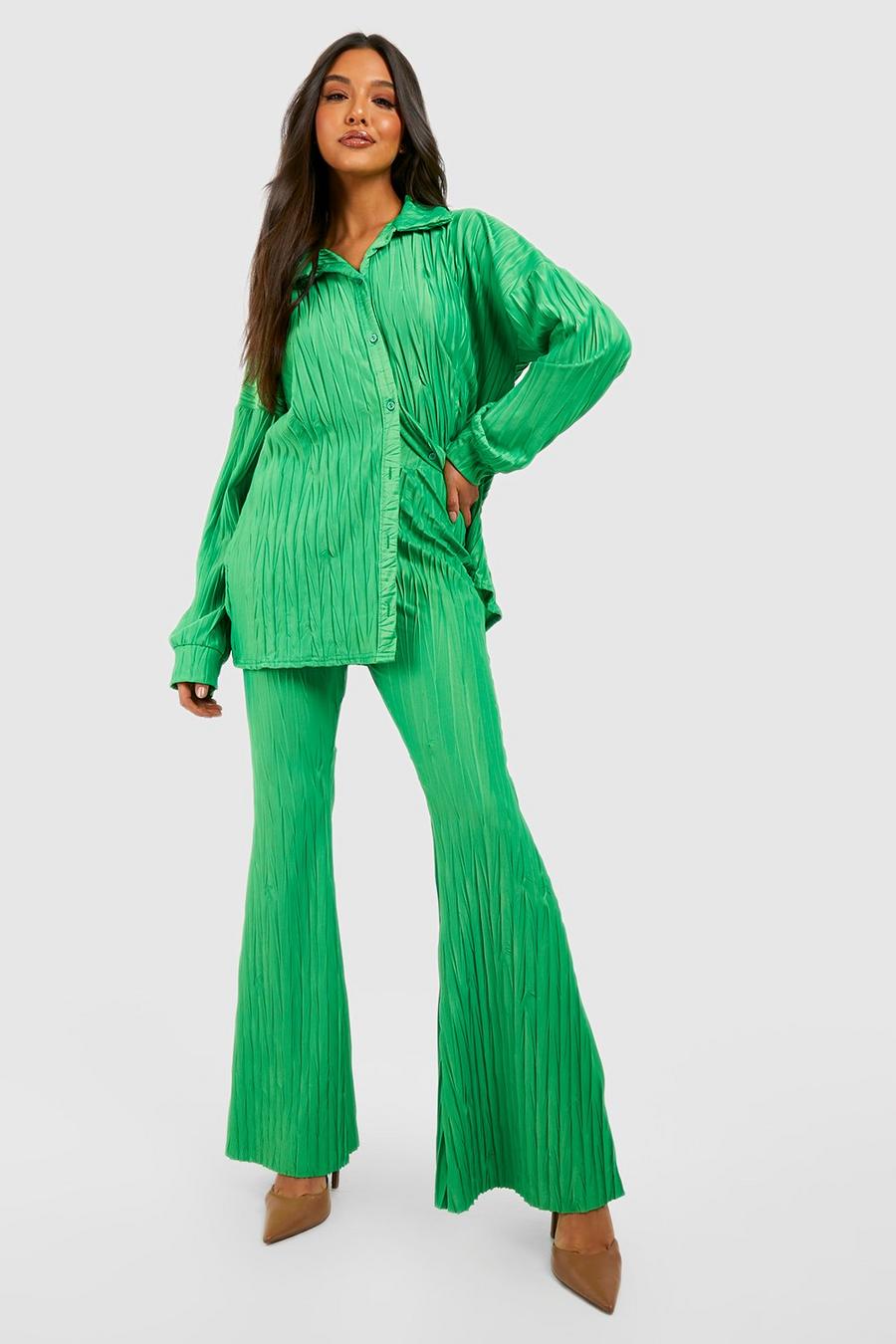 Green Textured Plisse Flared Trousers