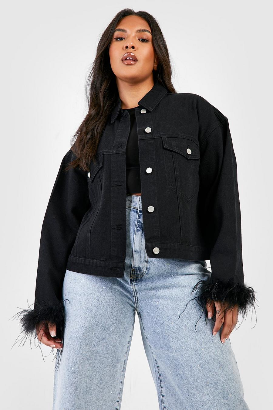 Giacca in denim Plus Size oversize con piume sui polsini, Black